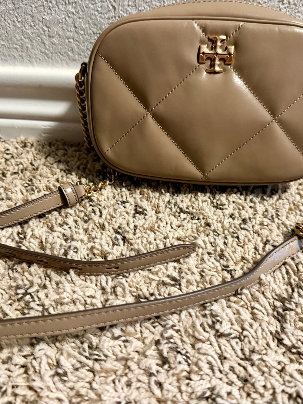 Tory Burch Taupe Quilted Leather Crossbody with Gold Logo